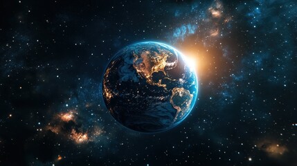 Naklejka premium Planet Earth viewed from space with colorful cosmic backdrop and stars illuminating the vast universe