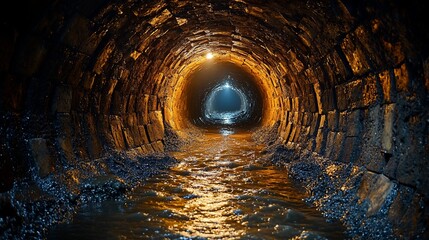 Naklejka premium Dark, illuminated sewer tunnel with flowing water, showcasing brick walls and reflections