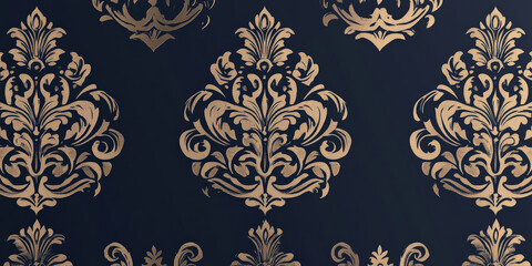 Elegant navy blue and bronze damask pattern with vintage motifs.