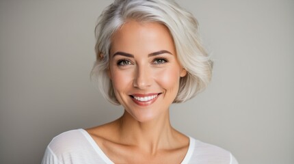 Tranquil silver-haired woman showcasing elegance and serenity on neutral background 