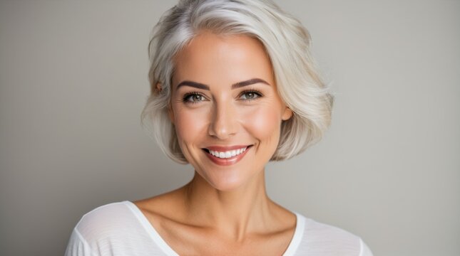 Tranquil silver-haired woman showcasing elegance and serenity on neutral background 