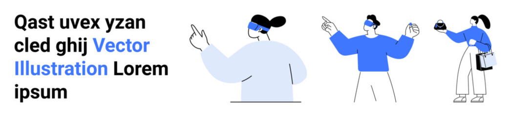 Individuals wearing virtual reality headsets engaged in activities such as pointing, exploring, and gaming. Ideal for technology, future, innovation, gaming, education, VR interaction flat landing