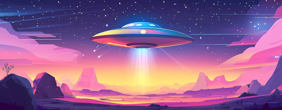 Cartoon illustration of a flying saucer with a beam of light over a pink and purple landscape