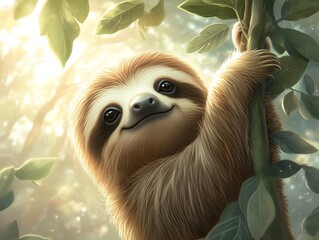Obraz premium A cute sloth smiling while hanging on a tree branch in a sunlit rainforest, showcasing its playful nature.