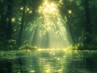 Fototapeta premium A serene forest scene with sunlight streaming through trees, reflecting on a calm water surface.