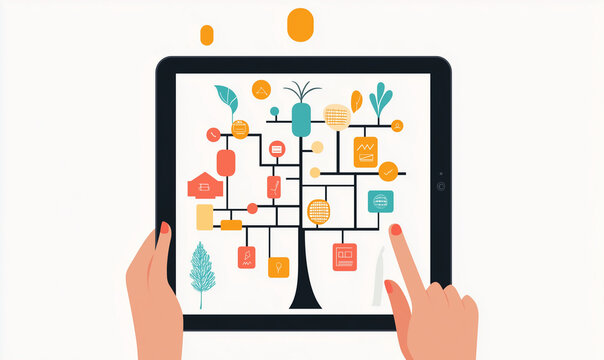 A decision tree displayed on a tablet app with interactive UI design for logical decision-making
