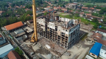 Fototapeta premium Aerial view of a partially demolished building with a construction crane in the neighborhood
