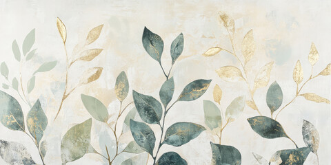 Elegant ivory and sage green botanical texture with intricate gold leaf accents for a refined look.