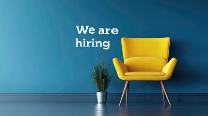 minimalistic creative job poster with a yellow armchair and the text "We are hiring" on a blue background