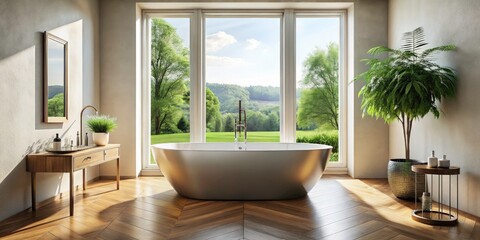 Elegant Empty Metal Bathtub in a Serene Bathroom Setting â€“ Modern Design, Minimalist Aesthetic, Spa-like Ambiance, Perfect for Home Decor and Renovation Inspiration