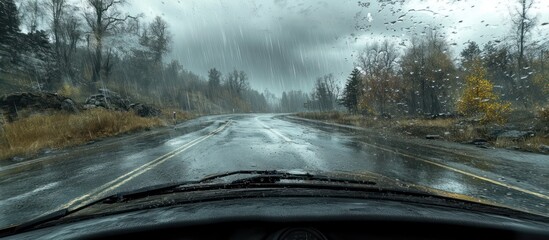 Rainy road drive, forest backdrop