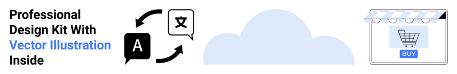 Cloud icon connects design symbols representing tools and online shopping cart. Ideal for creativity, digital services, web design, e-commerce, branding, tech innovation, flat landing page banner