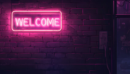 Neon Welcome Sign: A vibrant neon sign, glowing "Welcome", casts a warm and inviting light upon a textured brick wall, setting a welcoming tone.