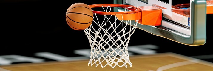 Basketball swishing net, indoor court, game action. Sports imagery