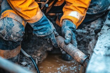 Dirty hands inspect a rusty pipe. Image depicts utility repair work, showcasing the hard labor involved.