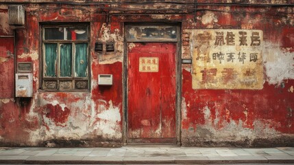 Weathered Vintage Door on an Abandoned Red Wall with Signage