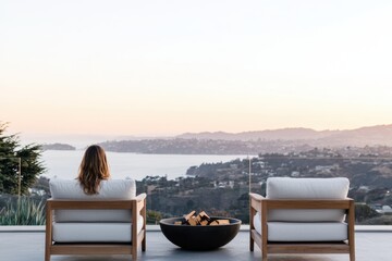 Cozy and Peaceful Rooftop Terrace with Panoramic Mountain and City Skyline View Inviting Firepit and Comfortable Outdoor Furniture for Relaxation and Entertaining