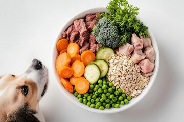 A BARF diet, consisting of meat and vegetables, is ideal for preparing healthy dog ​​food with a curious dog nearby.