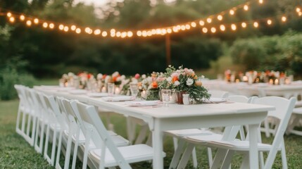 Obraz premium Cozy and Intimate Backyard Wedding with Twinkling String Lights Rustic Bunting Decor and Elegant Table Setting in a Lush Garden Setting