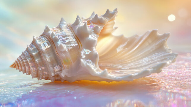 A close-up of a brilliant, diamond-textured seashell resting on a smooth, pastel-toned surface