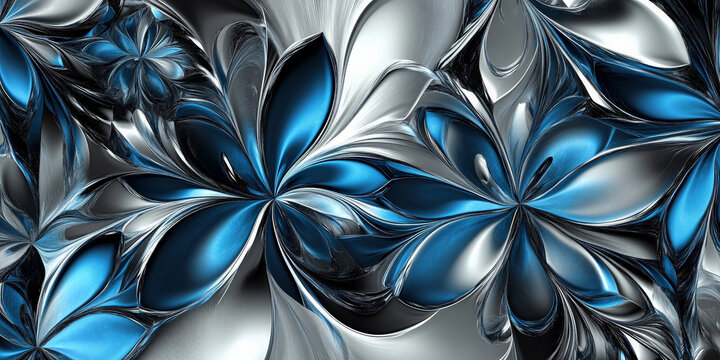 Abstract cobalt and silver floral texture with dynamic overlapping elements.