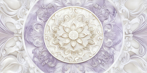 Subtle lilac and ivory circular design with intricate symmetrical patterns for a refined look.