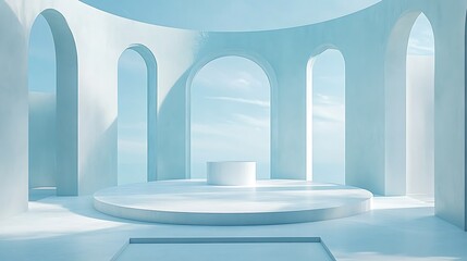 circular room with a podium in the center surrounded by arched doorways