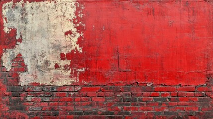 Textured Red Wall with Peeling Paint and Visible Brick Surface