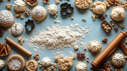 Fototapeta premium Assorted homemade cookies and baking ingredients arranged on a blue surface, with flour scattered around