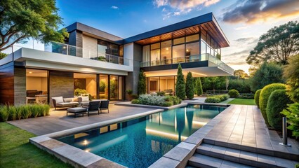 Stunningly Landscaped Modern Luxury Home with Lush Gardens and Elegant Architecture, Featuring a Pool and Outdoor Living Spaces for Ultimate Relaxation and Sophistication