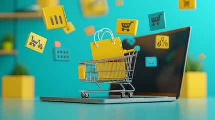 A Dynamic 3D Illustration of a Miniature Shopping Cart Flying Out of a Laptop - The Future of Online Shopping Experience