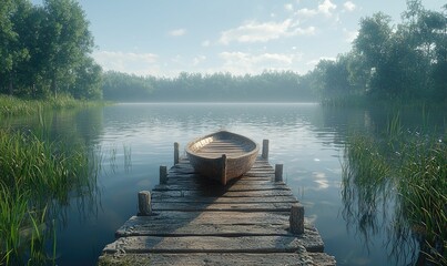 A serene wooden boat docked at a peaceful lake surrounded by lush greenery and mist.