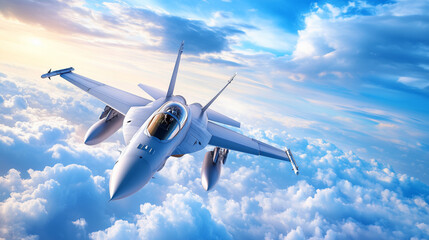 Fighter jet soaring through clouds during sunset