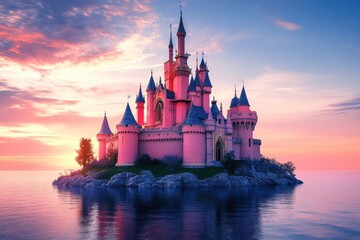 Pink castle on a secluded island at sunset. Perfect for fairytale, fantasy, and romance themes.
