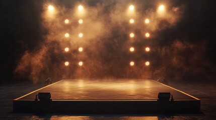 Empty stage with warm lighting and haze. Ideal for concert, performance, or event promotion.