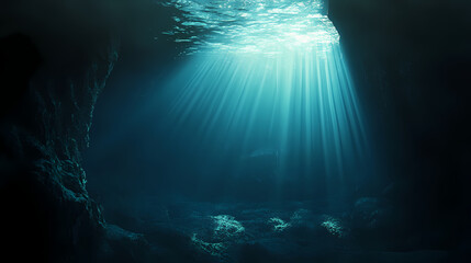 Fototapeta premium Deep underwater scene with sunlight beams breaking through the darkness, illuminating mysterious and eerie oceanic landscape. Midnight Canyon. Illustration
