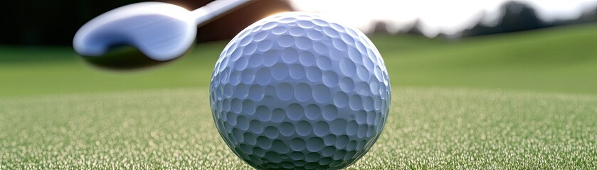 Golf ball on tee, club in background, sunny course. Sport image