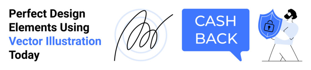 Cashback text inside a chat bubble, secure payment shield with lock, and abstract signature graphic. Ideal for cashback schemes, digital security, financial offers, branding, contracts, promotions