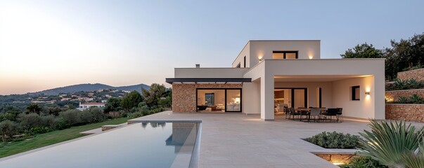 Fototapeta premium Breathtaking coastal Mediterranean style villa featuring an infinity pool modern architecture and panoramic views of the surrounding landscape at sunset