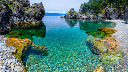Secluded cove, clear water, rocky beach, mountains background, travel postcard