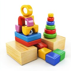 Fototapeta premium Colorful blocks and stacking rings, play, studio, white background, educational toy