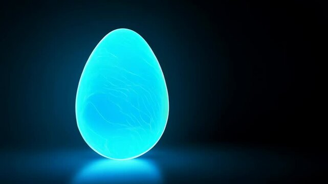 Futuristic neon glowing blue egg on dark background with copy space. Digital futuristic technology and innovation concept. Suitable for celebrating Easter and tech event