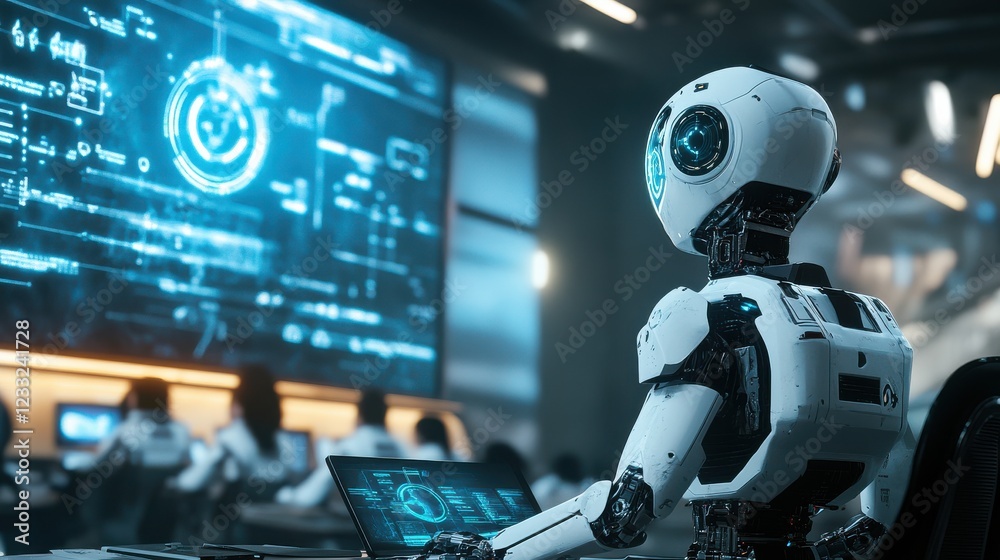 Poster futuristic robot exploring data in a high-tech control room