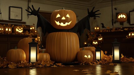 Fototapeta premium Jack-o'-lantern Halloween party, autumn leaves, mansion interior, festive decoration