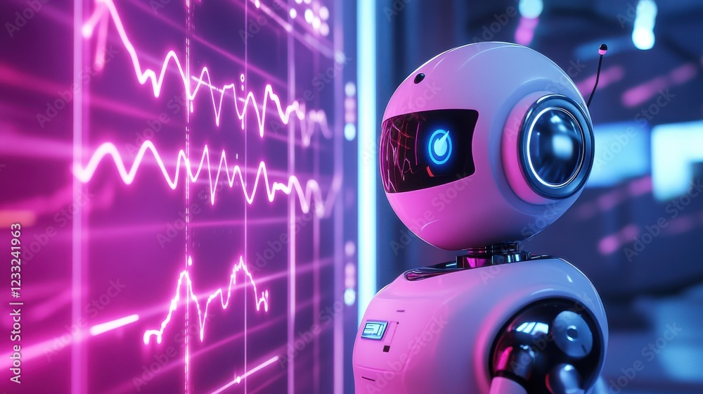 Poster robot with digital display analyzing data in futuristic environment