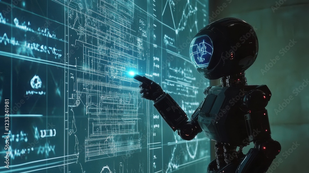 Poster futuristic robot analyzing data on a holographic display screen