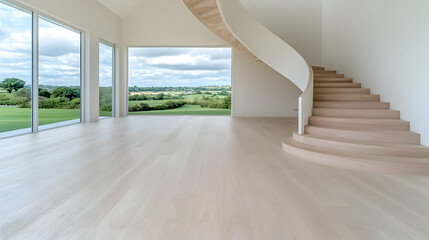 Obraz premium Modern home interior, spiral staircase, scenic view, empty room, real estate