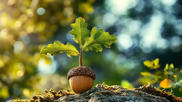A young oak sapling emerging from an acorn on a mossy log in a sunlit forest setting