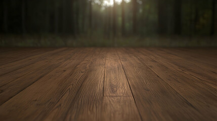 Wooden table, forest background, nature scene, product display