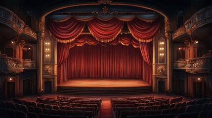 Elegant Theater Stage with Red Curtains and Empty Seats for Performance